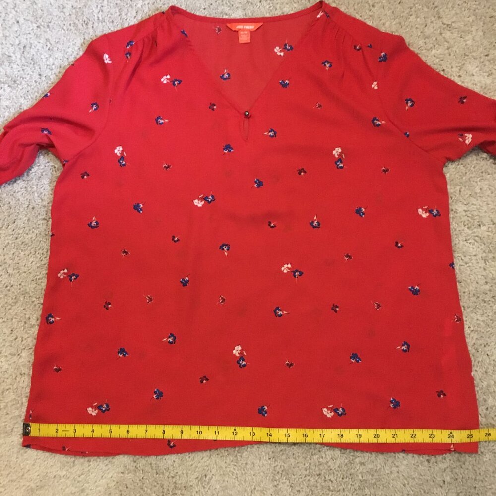 Joe Fresh Poppy Red Sheer Floral Blouse Peasant Sleeve V-Neck XL - Picture 15 of 16